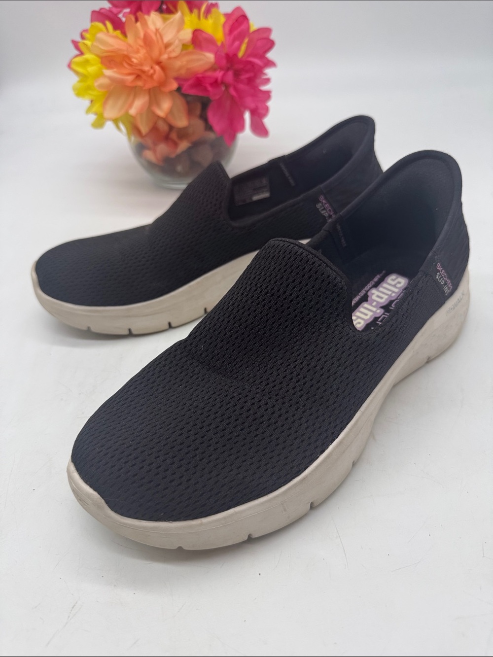 Skechers Black Slip-On Knit Sneakers with White Sole Size 8.5
